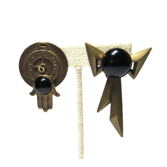 Art Deco Brass Clip-on Earrings Black Stone Hamsa Hand of Fatima Mis-match